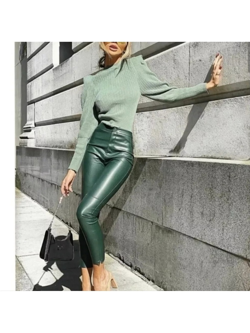 Zara Blogger Favorite Green Faux Leather Leggings Pants Ankle Zip Sz M - Picture 2 of 12